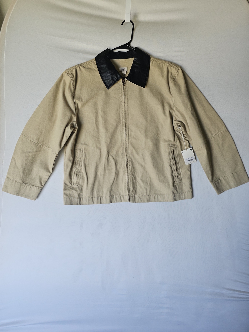 a.n.a a new approach Beige Cotton Full Zip Jacket Coat Faux Leather Collar L NWT - Picture 2 of 16